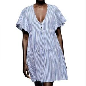 Zara Striped Linen Blend Tier Dress Size XS